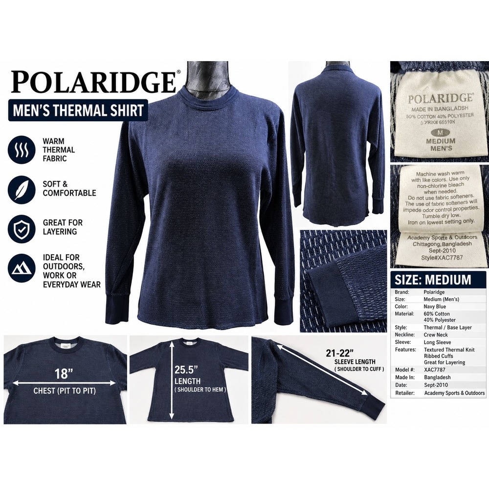 Polaridge Mens Thermal Shirt Navy Blue Long Sleeve Base Layer XAC7787 Medium